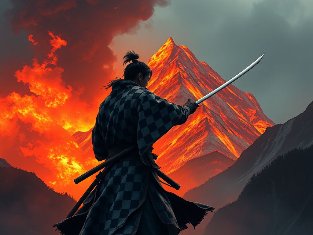 Japanese swordsman with checkered cloak facing a fiery mountain