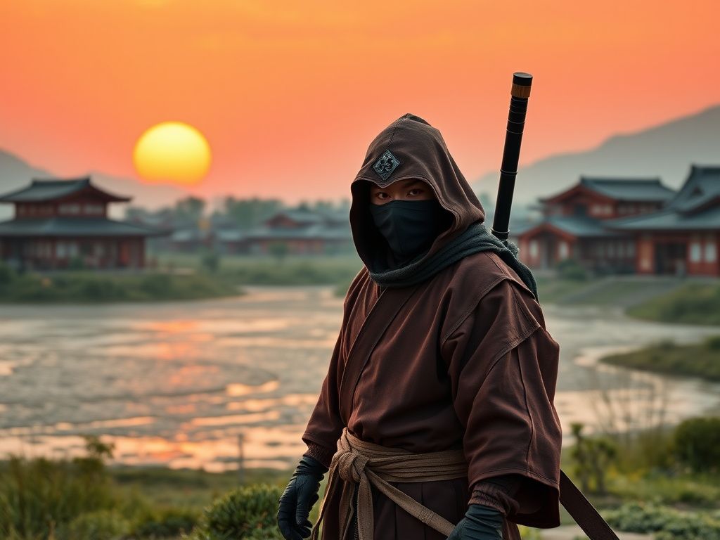 Japanese ninja standing in an orange sunset village