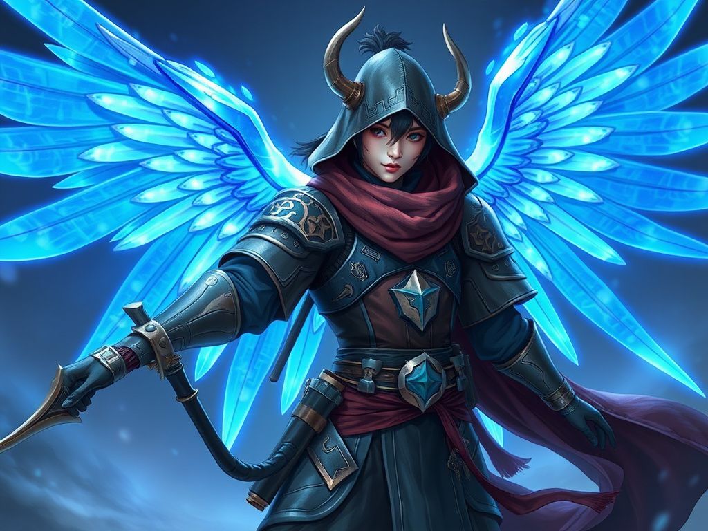 Korean fantasy hunter with glowing blue wings