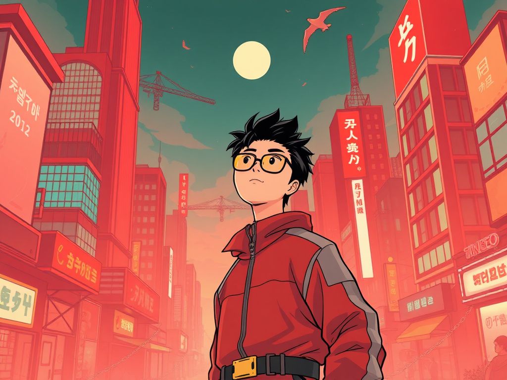 Korean webtoon hero in a dramatic red cityscape