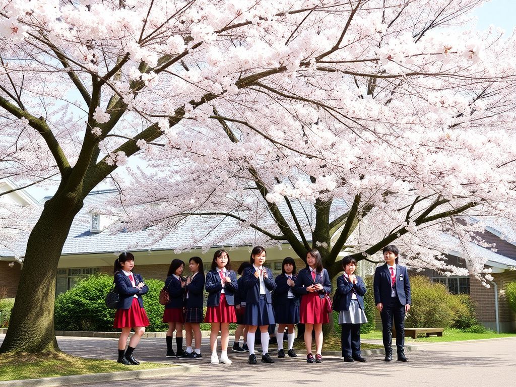 Japanese school students under cherry blossoms in spring