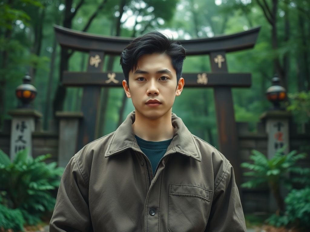 Korean action hero standing before a green forest gate