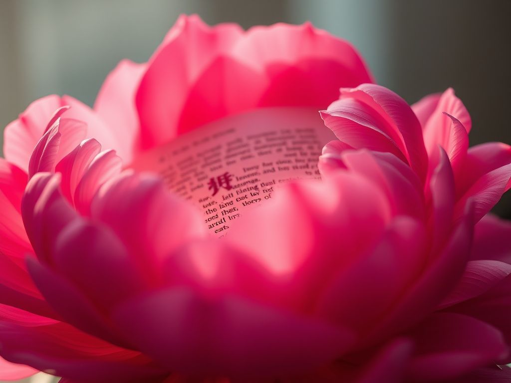 Elegant peony petals surrounding a manga reader in warm crimson light